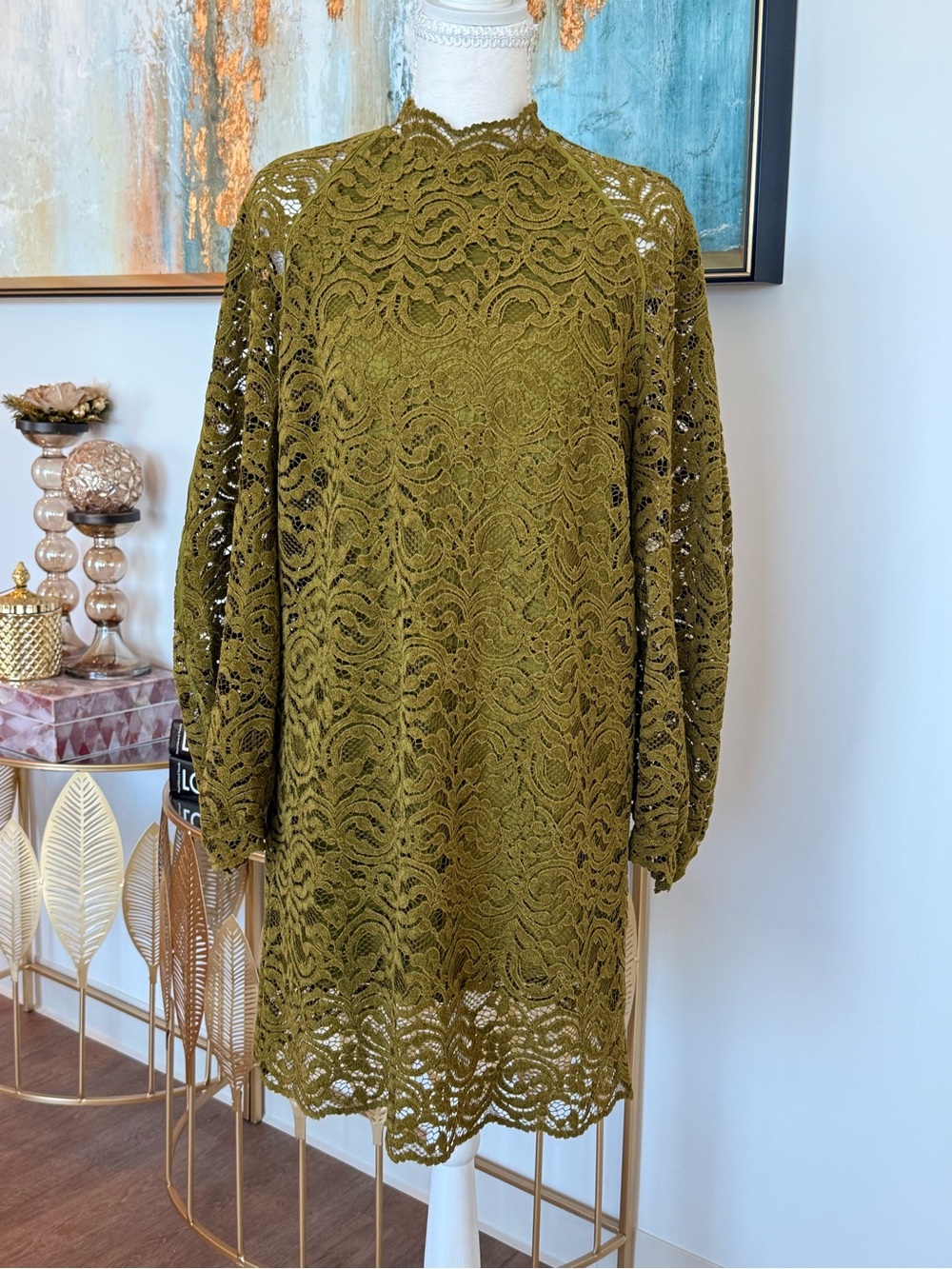 Olive Lace High-Neck Balloon Sleeve Dress